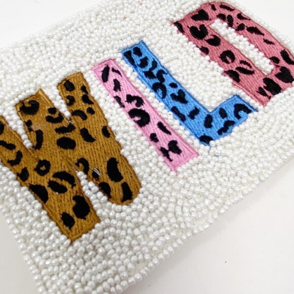 WILD Animal Print Embroidered Patches on White Beaded Coin Purse - Picture 2 of 7